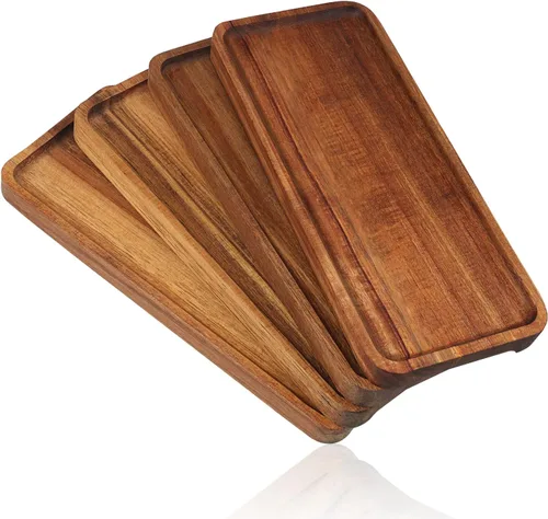 GNIEMCKIN Bandeja de madera para servir, 13.8 x 5.1 pulgadas, juego de 4, bandeja de madera de acacia, perfecta para servir embutidos, postres,