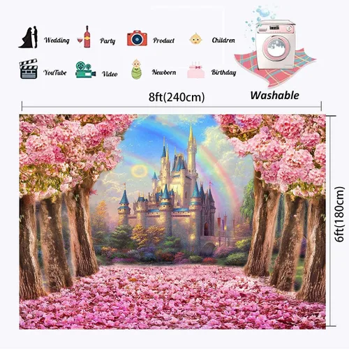 Miniatura 4 de Telón de fondo de castillo de ensueño de 8 x 6 pies, color rosa, dulce Sakura, árbol, lavable, poliéster, fotografía, fondo, boda, fiesta