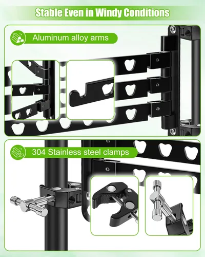 Miniatura 3 de Estante de secado de ropa para caravana, resistente de aluminio de 3 brazos, con abrazaderas de acero inoxidable 304, ajustable en 180°, capacidad