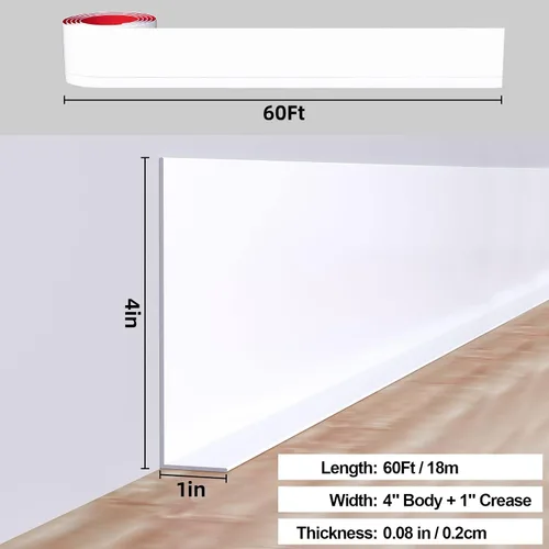Miniatura 2 de Duzzy Moldura flexible para zócalo, 5 pulgadas de ancho x 60 pies de largo, moldura de goma para despegar y pegar, base de pared de vinilo Blanco