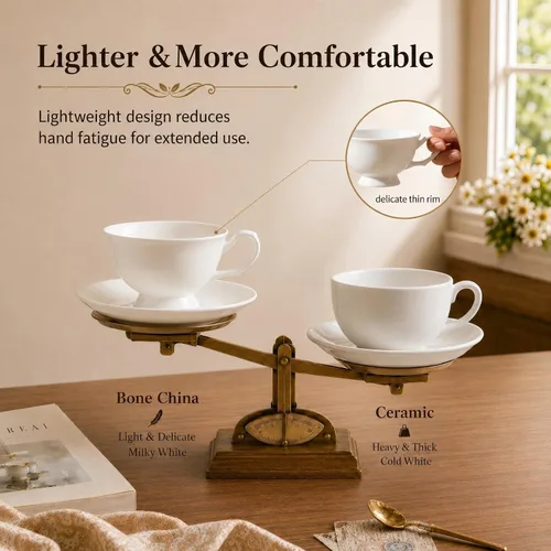 Miniatura 5 de Juego de 2 tazas y platillos de espresso de porcelana fina, juego de tazas de té blanco clásico de 5 onzas para café, capuchino, café con leche, té