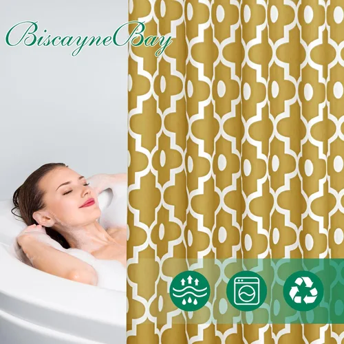 Miniatura 4 de Biscaynebay Cortina de ducha de tela texturizada 72" X 72", de oro con perlas de Marruecos impresas, cortina de baño de hotel de lujo de calidad