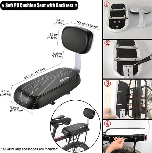 Miniatura 2 de Kit de asiento infantil para bicicleta, incluye cojín de asiento trasero de bicicleta con respaldo de ciclismo de seguridad + reposabrazos de 00