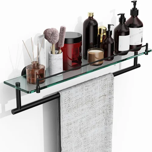 Miniatura 10 de Estante de baño flotante de vidrio templado con toallero, níquel cepillado y acero inoxidable, montaje en pared de 16 pulgadas
