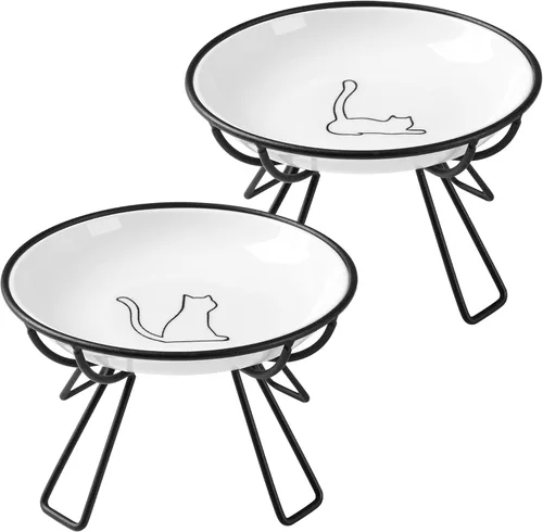 Cuencos Elevados de Cerámica para Gatos - Juego de Cuencos para Gatos Amigable con Vibrissas, Anti-Vómito, Elegante e Higiénico (Gato de Línea, Line