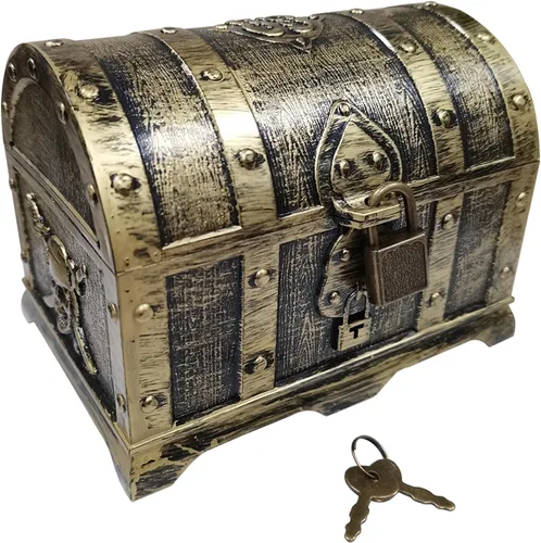Cofre del tesoro pirata para niños, cofre con revestimiento de bronce vintage con cerradura y llave para juegos de caza, premios de caja pequeña