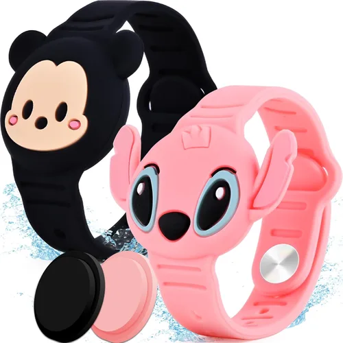 Paquete de 2 soportes para AirTag para niños, pulseras de Airtag impermeables para niños con bonito diseño de dibujos animados, cobertura completa,