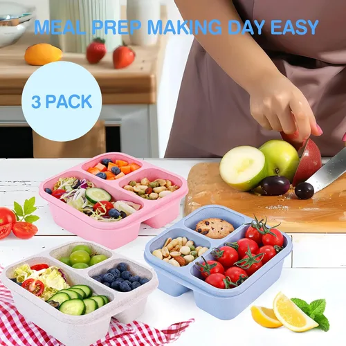 Miniatura 5 de Rinwoc Caja Bento [tamaño de la porción], paquete de 3 recipientes para aperitivos con 3 compartimentos para preparación de comidas y sobre