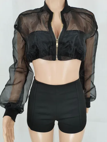 Miniatura 5 de Conjunto de 2 piezas para mujer, de malla transparente, manga larga, corta, con cremallera, para verano, vacaciones, club