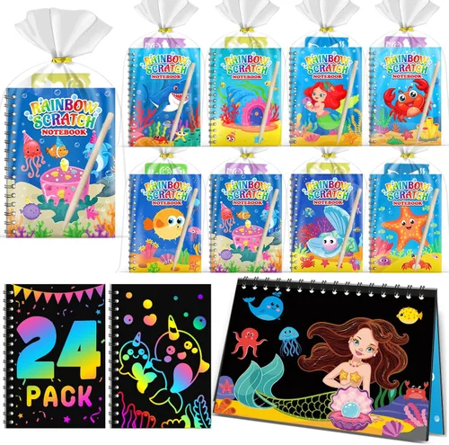 Miniatura 11 de Recuerdos de papel para rascar para fiestas para niños: paquete de 16 cuadernos de rayas arcoíris, bolsas de regalo, libros para colorear, recuerdos