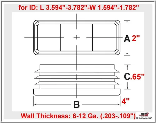 SBDs (paquete de 2) tapones rectangulares de 4 x 2 pulgadas para tubo de acero de 6-12 Ga (L 3.594"-3.782" W 1.594"-1.782" ID) para poste de