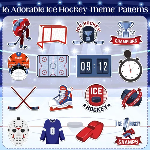 Miniatura 3 de 1000 calcomanías de hockey sobre hielo en 2 rollos con 16 patrones, lindos adhesivos autoadhesivos motivacionales de hockey sobre hielo