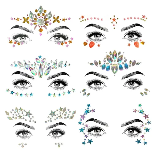 6 piezas de joyas para la cara de fiesta de festivales, gemas de cara de diamantes de imitación, calcomanías faciales de Halloween, festivales de 6