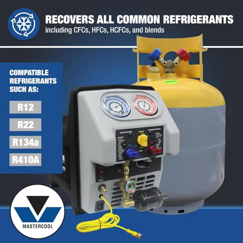 Miniatura 2 de Mastercool 69365 Sistema de recuperación de refrigerante Twin Turbo - Tanque DOT de 50 libras con interruptor de flotador, compresor de doble