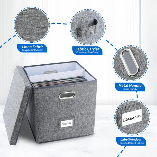 Miniatura 4 de ZEDKEHO Juego de 2 cajas de almacenamiento de discos de vinilo - Almacenamiento de álbumes con capacidad para más de 100 discos individuales, caja