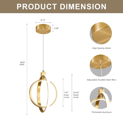 Miniatura 6 de Lámpara LED moderna con anillo dorado, lámpara colgante de 4000 K, regulable en altura ajustable, iluminación colgante para comedor, cocina, isla