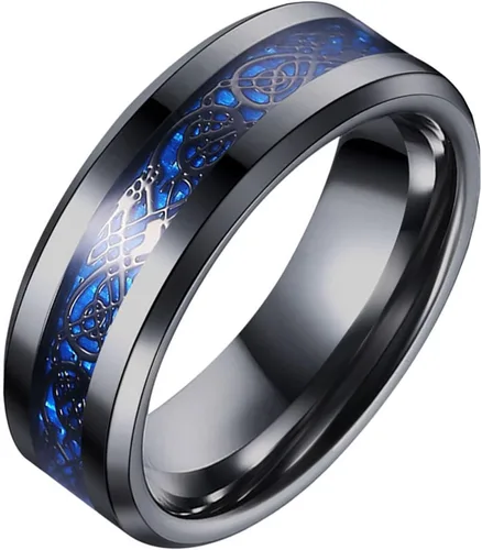 Miniatura 2 de Tanyoyo 0.315 in Azul Negro Dragón Patrón Biselado Bordes Celtas Anillos Joyería Anillo de Boda Para Hombres 7-14, Acero inoxidable, fibra