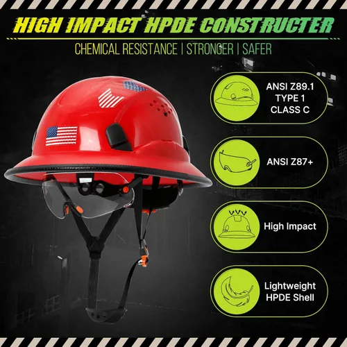 Miniatura 2 de Cascos De Construcción de ala completa Cascos de seguridad aprobados por OSHA con visera transparente - Casco de seguridad de construcción ventilado