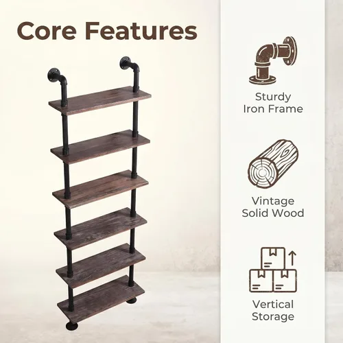 Miniatura 5 de Estantes industriales de tubería rústica y moderna estantería de escalera de madera de 24 pulgadas de ancho con marco de metal, estante de pared
