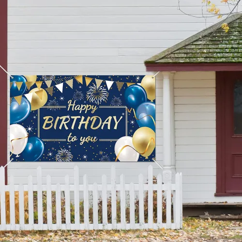 Miniatura 6 de Cartel de fondo de decoración de feliz cumpleaños, fondo de fotos para niños, niñas, hombres y mujeres, 72.8 x 43.3 pulgadas (azul marino y dorado)