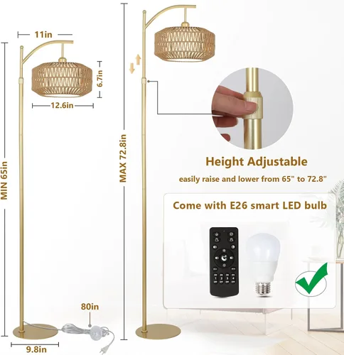 Miniatura 5 de LAMSU Lámpara de pie Arc Gold con control remoto y bombilla LED, lámparas de pie regulables para sala de estar con pantallas de ratán y tela
