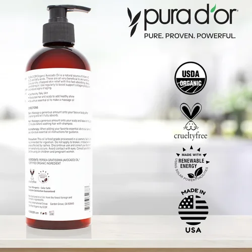 Miniatura 4 de PURA D'OR Aceite de Aguacate ORGÁNICO de 16 Oz, 100% Puro y Natural Certificado por USDA, Aceite Portador Prensado en Frío Para Belleza DIY, No
