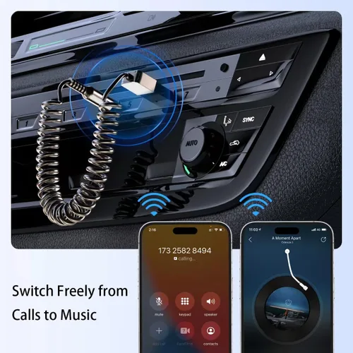 Miniatura 5 de GLOBELEC Adaptador auxiliar a Bluetooth 5.3, receptor adaptador de audio auxiliar USB de 0.138 in con micrófono integrado para llamadas manos