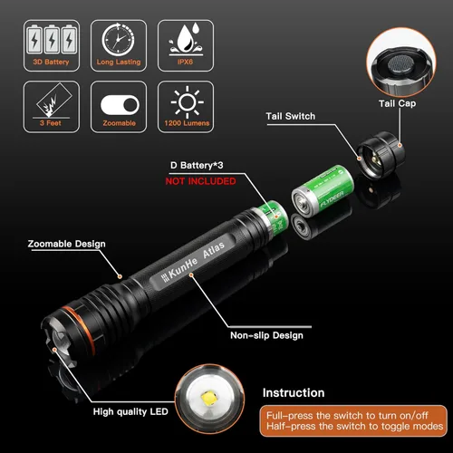 Miniatura 6 de KunHe Linternas LED de Celda 3D de Servicio Pesado, Aluminio Grande con Zoom de Alto Lumen 1000 LM Alimentadas por Batería, Luz Flash de Policía