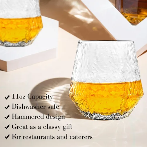 Miniatura 4 de Vasos de diamante – Juego de 6 copas de vino sin tallo – Diseño geométrico inclinado – Vasos de whisky rodantes – Copa de vino