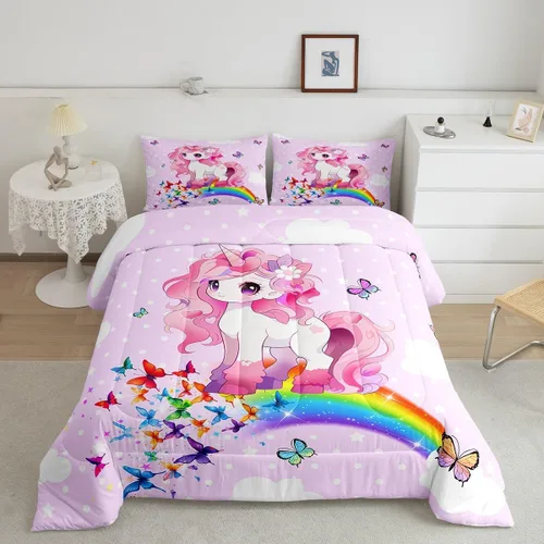 Miniatura 13 de Feelyou Juego de ropa de cama de unicornio para niñas, bonito edredón con purpurina de unicornio de dibujos animados arco iris para niños, juego