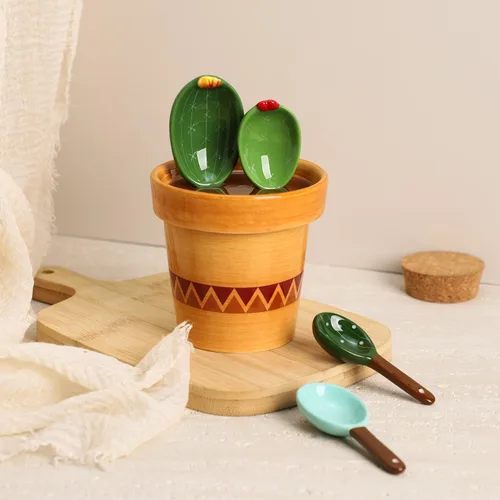 Miniatura 3 de Sizikato 4 cucharas medidoras de porcelana con base, bonita forma de cactus