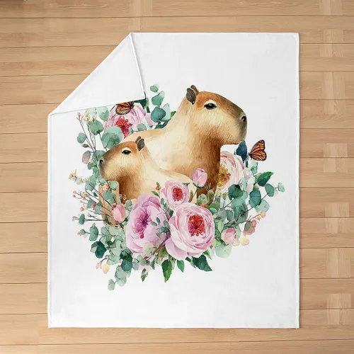 Miniatura 5 de Erosebridal Capybara - Manta de 40 x 50 pulgadas, manta floral kawaii, manta de forro polar con diseño de flores rosas rosadas, caricaturas