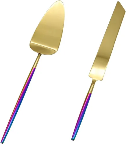 Miniatura 14 de Koyal Wholesale Juego de cuchillo y servidor para pastel de boda burdeos, cortador de pasteles y servidor con mango dorado para novia y novio, juego