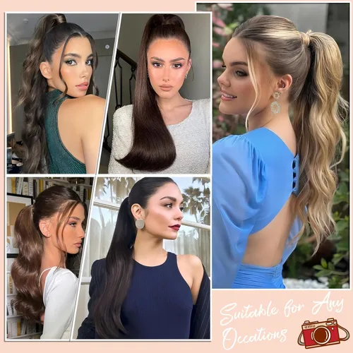 Miniatura 6 de Extensión de cola de caballo de 22 pulgadas y 24 pulgadas de largo, ondulado y lacio, extensiones de cabello sintético de aspecto natural