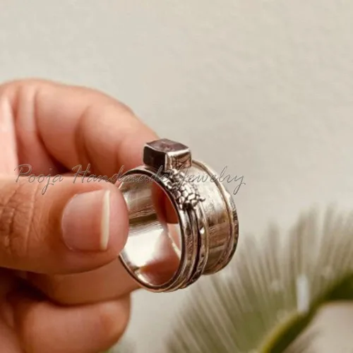 Miniatura 4 de Rose Quartz Ring Band, Spinner Ring Women, Handmade Spinner Ring, Tortuga Ring Silver, 925 Sterling Silver Ring, Fidget Spinner Ring Women, Gift For
