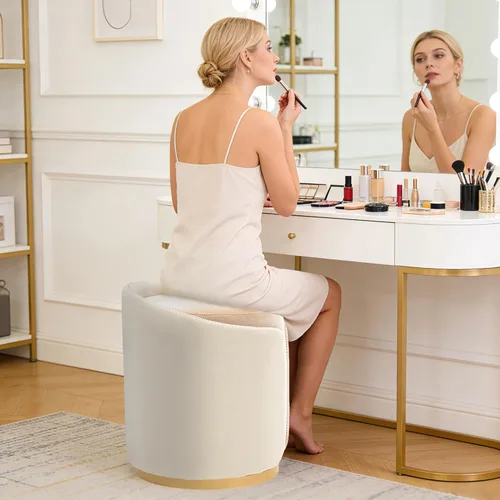 Miniatura 6 de Taburete Giratorio de Tocador con Base Dorada Cómoda Silla de Tocador Taburete Redondo Moderno para Tocador de Maquillaje Otomana de Tocador Beige