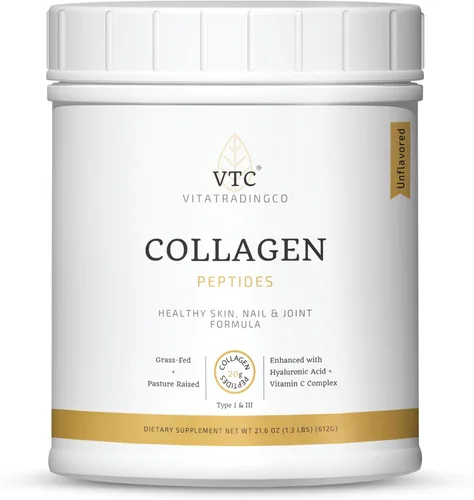 VTC VitaTradingCo. - Péptidos de colágeno en polvo alimentados con pasto | Tipo I y III | Ácido hialurónico y vitamina C | Cabello saludable, piel y