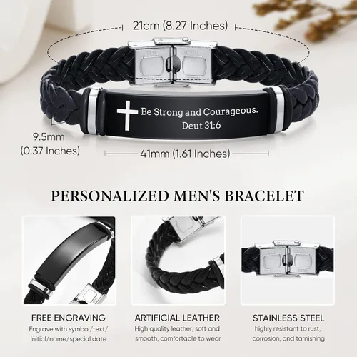 Miniatura 4 de Pulsera de cuero para hombre, regalo de sobriedad para hombre: cita inspiradora/versículo bíblico grabado, pulsera trenzada negra para hombre