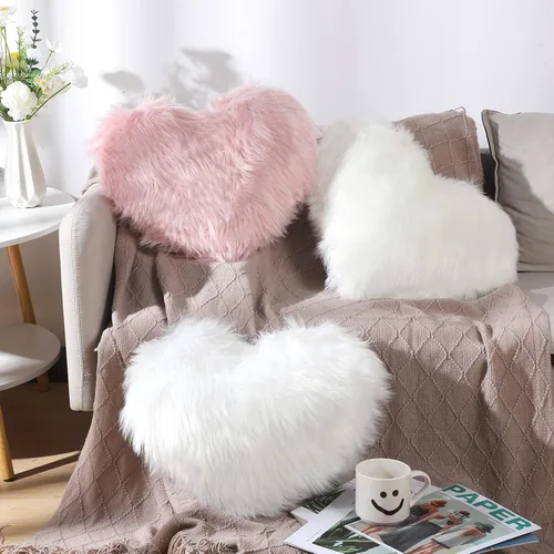 Miniatura 3 de Enhon 2 almohadas esponjosas de corazón de piel sintética en forma de corazón, almohadas de felpa suaves de 20 x 15.7 pulgadas, almohadas con Blanco