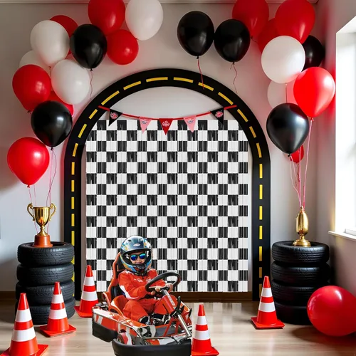 Miniatura 6 de Decoraciones de fiesta de cumpleaños de coche de carreras, paquete de 2 serpentinas de papel de aluminio negro y blanco, cortinas de flecos para un