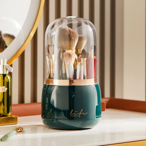Miniatura 8 de Organizador de brochas de maquillaje con tapa, organizador giratorio a prueba de polvo para brochas de maquillaje con cubierta acrílica transparente