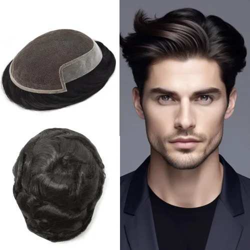 Miniatura 11 de Sistema de repuesto de cabello humano europeo con encaje frontal suizo para hombre, tupé para hombre, pieza de cabello, nudo blanqueado, línea #17