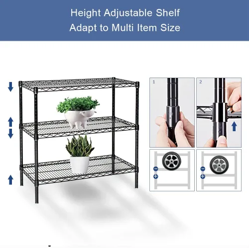 Miniatura 6 de BNSPLY Estantería de alambre de 3 niveles, estante de alambre ajustable, estantes de almacenamiento de metal para cocina, despensa, lavandería, Negro