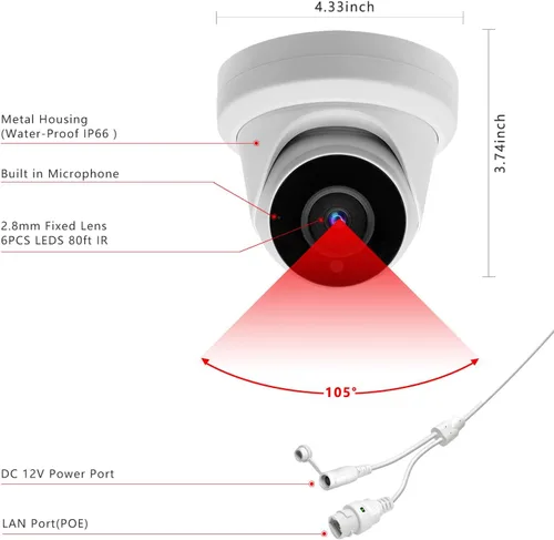 Miniatura 5 de Cámara de torreta IP PoE de 8MP 4K para exteriores, cámara domo de seguridad IP H.265 PoE con visión nocturna de 80 pies, lente de 0.110 in, gran