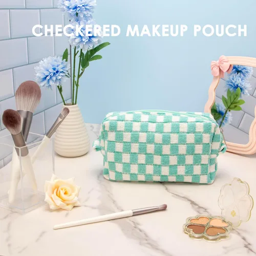 Miniatura 3 de PAZIMIIK Bolsa de Maquillaje a Cuadros para Bolso Portátil con Cremallera, Estuche Pequeño de Cosméticos para Accesorios de Viaje, Azul Ártico