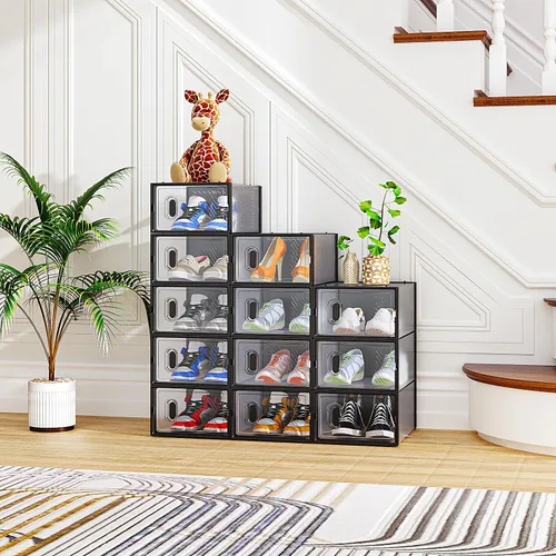 Miniatura 17 de Paquete de 6 cajas de zapatos apilables de plástico transparente, cajas organizadoras de zapatos con tapas para tenis, estuche para zapatos hasta