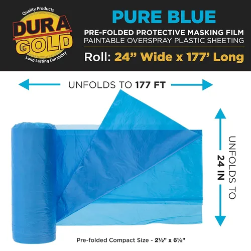 Miniatura 2 de Dura-Gold Película de enmascaramiento preplegada azul puro de 24 x 177 pies, rollo de plástico para pintores (0.4 mil), lámina de plástico plegada