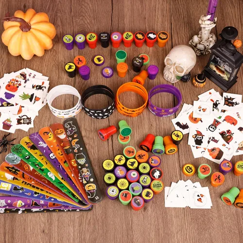 Miniatura 6 de MGparty Paquete de 288 regalos de fiesta de Halloween, juguetes a granel para niños, sellos de tatuajes, pulseras de goma, pulseras de goma