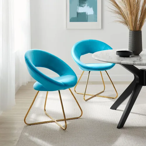Modway Moday Nouvelle - Juego de 2 sillas de comedor de terciopelo de alto rendimiento, color azul dorado