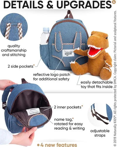 Miniatura 4 de Naturally KIDS Mochilas - Mochila para niños y niñas con animales de peluche - Regalos para niños y niñas de 3 4 5 años 01 Brown T-rex Mochila